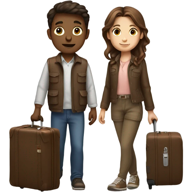 brown hair girl and brown hair boy with suitcase on in their hands emoji