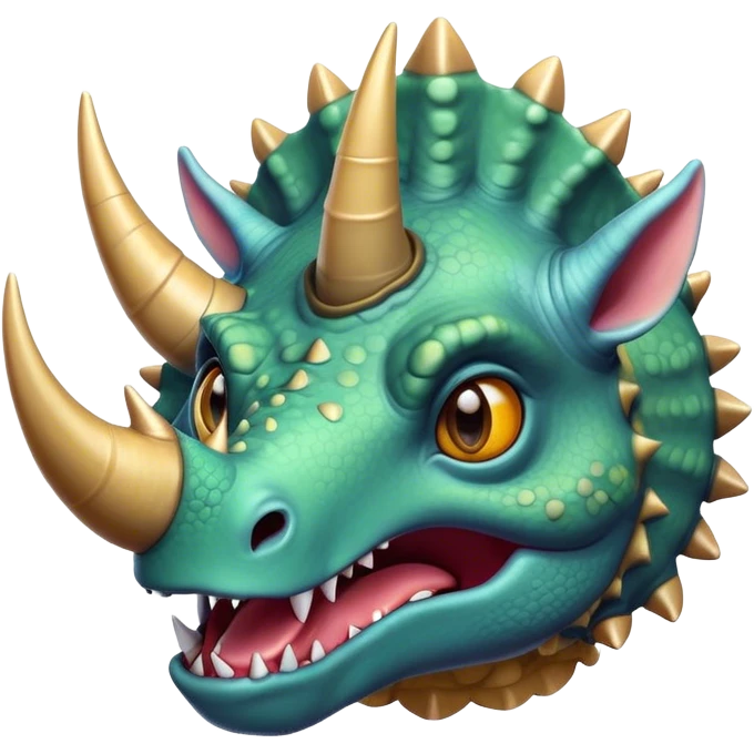 Cinematic Comical Triceratops Portrait Emoji, Head tilted dramatically with an exaggeratedly shocked expression, featuring a stout, armored body with three comically exaggerated horns and a frilled head, wide, comically expressive eyes full of playful disbelief, Simplified yet hilariously expressive features, highly detailed, glowing with a slightly sassy prehistoric glow, high shine, dramatic yet playful, stylized with an air of cheeky dinosaur mischief, soft glowing outline, capturing the essence of a meme-worthy Triceratops that looks ready to side-eye its way into viral fame! emoji