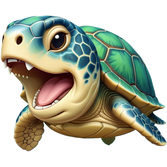 Cinematic Cute Yawning Sea Turtle Portrait Emoji, Head tilted slightly with a dramatic, wide-open yawn, showcasing a stately, patterned shell and a smooth, aged body with sleepy, half-closed eyes, Simplified yet irresistibly adorable features, highly detailed, glowing with a soft, cozy oceanic glow, high shine, relaxed yet expressive, stylized with a dash of whimsical marine charm, soft glowing outline, capturing the essence of a drowsy yet affectionate sea turtle that appears ready to stretch out for a nap! emoji