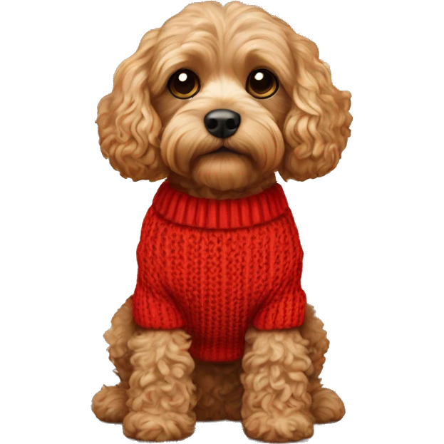 Cavapoo dog wearing a knitted red jumper emoji