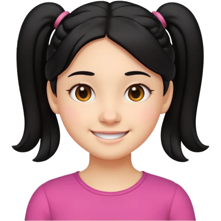 smiling girl in emoji style, black hair parted in the middle with two low pigtails near the neck, round eyes, cheerful expression, soft cartoon face, head and upper shoulders, clean lines, minimal white background, vibrant and simple emoji