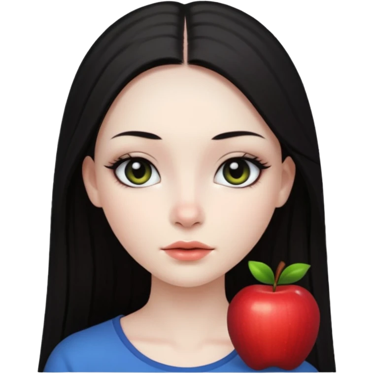 девушка с очень бледной кожей, темными длинными прямыми волосами без челки и черными макияжем глаз в стиле Apple avatar  emoji