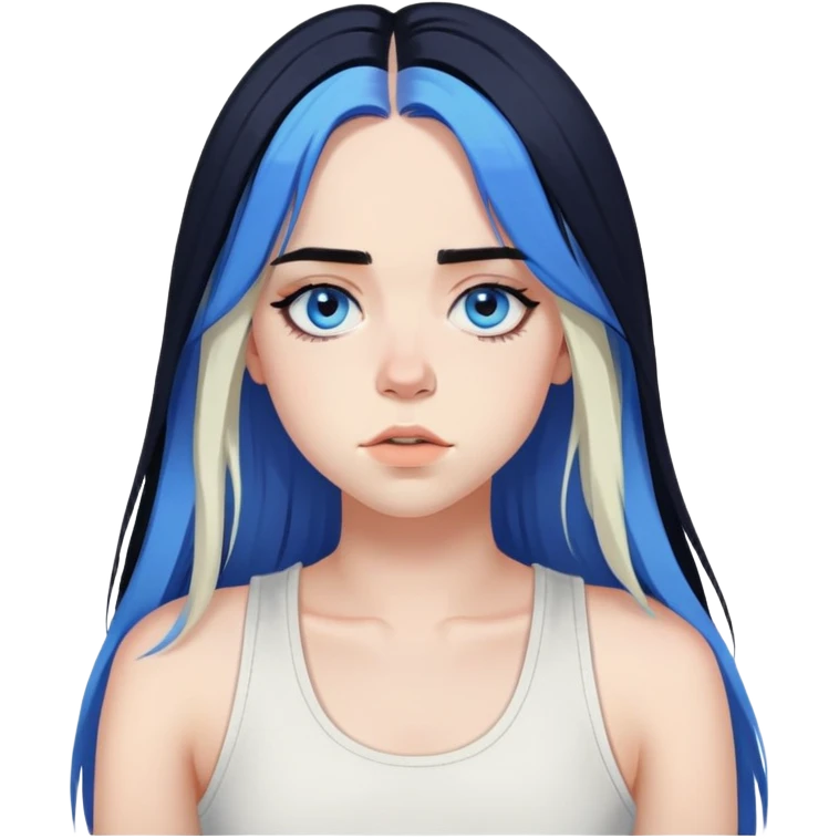 billie eilish long black hair, blue eyes dark eyeliner makeup, wearing white singlet emoji