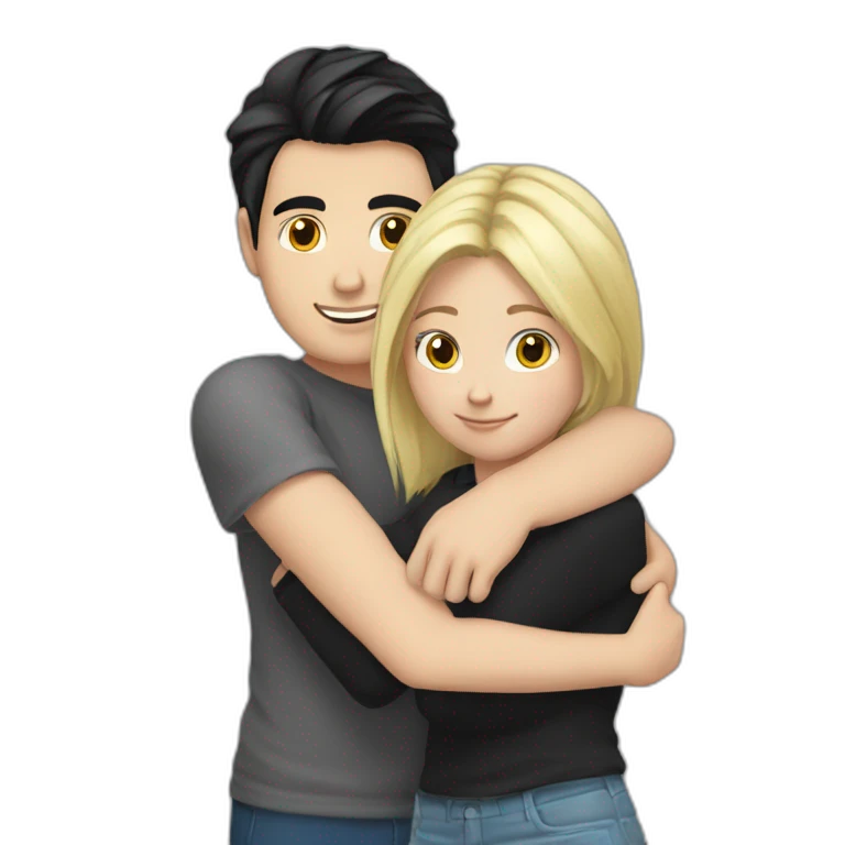 blond white girl hug white boy with black hair with pony-tail emoji