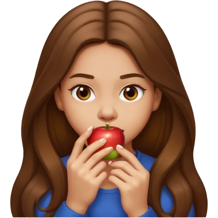 chica con gesto de morderse la uña, pelo largo castaño, estilo emoji Apple emoji