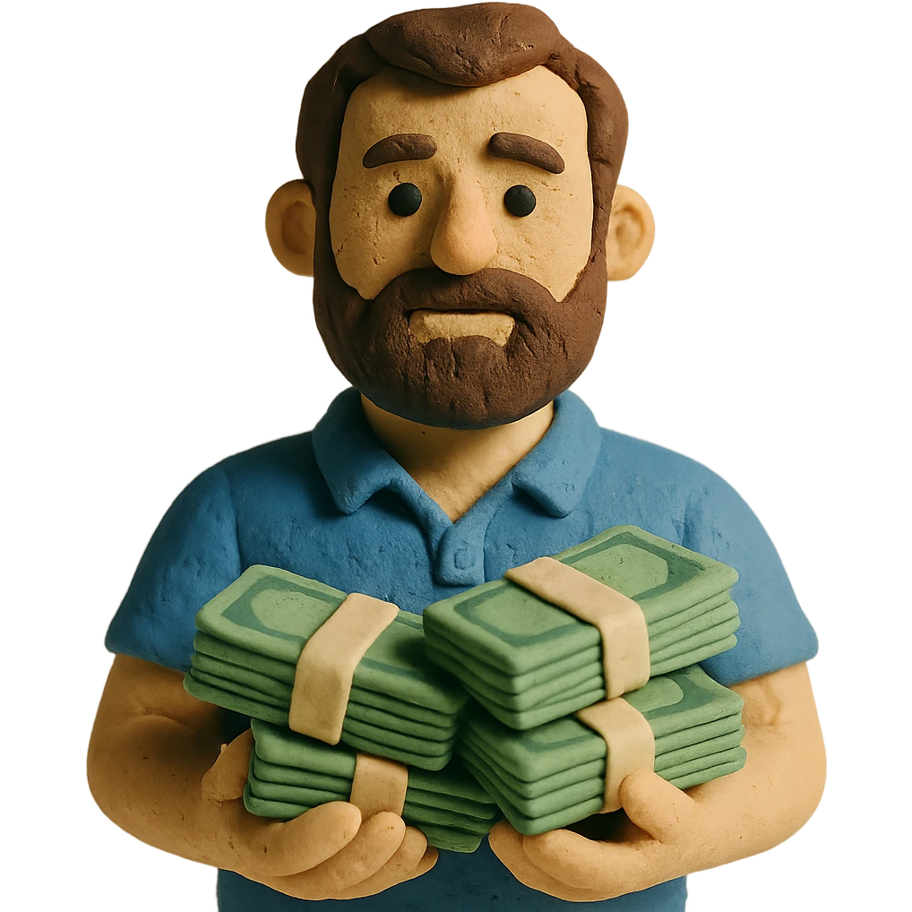 bearded brown-haired man in a polo shirt holding bundles of bills in matte plasticine claymation style with visible fingerprints and pastel colors emoji