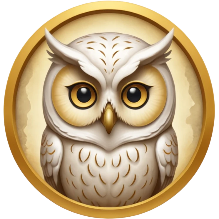 portrait of an ancient owl spirit known as “The White Owl of Oaths.”
Pale owl face emerging from mist and shadow.
No visible pupils, eyes glow softly gold or appear as deep void. 
Bone-white, warm gold, and soft shadow tones.
Centered, icon-style framing, limited palette emoji