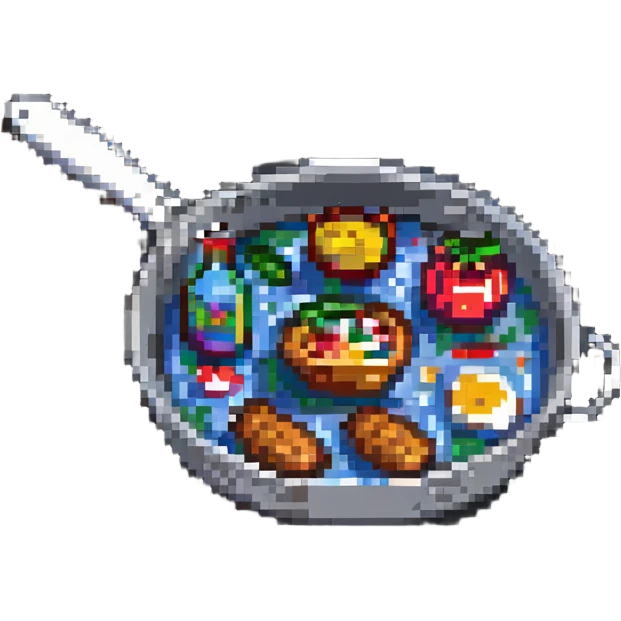 a frying pan with food, pixel art style emoji