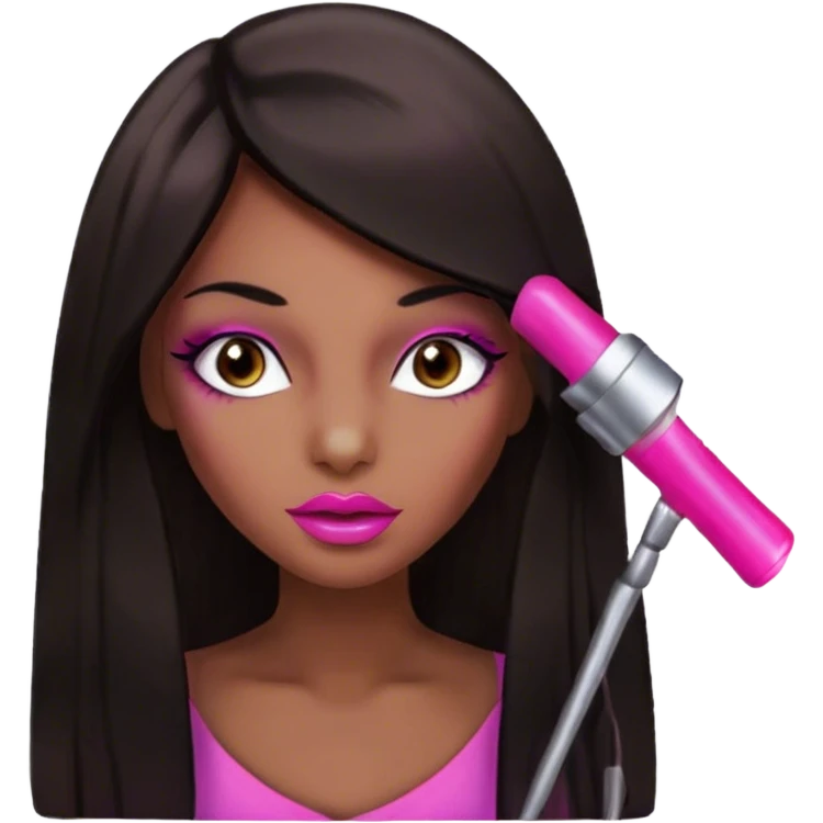 Glamours, dark tan skin tone, very beautiful girl, with big pump pink lips, long long lashes, black straight smooth silky long hair, straight parting hair, brown eyes emoji