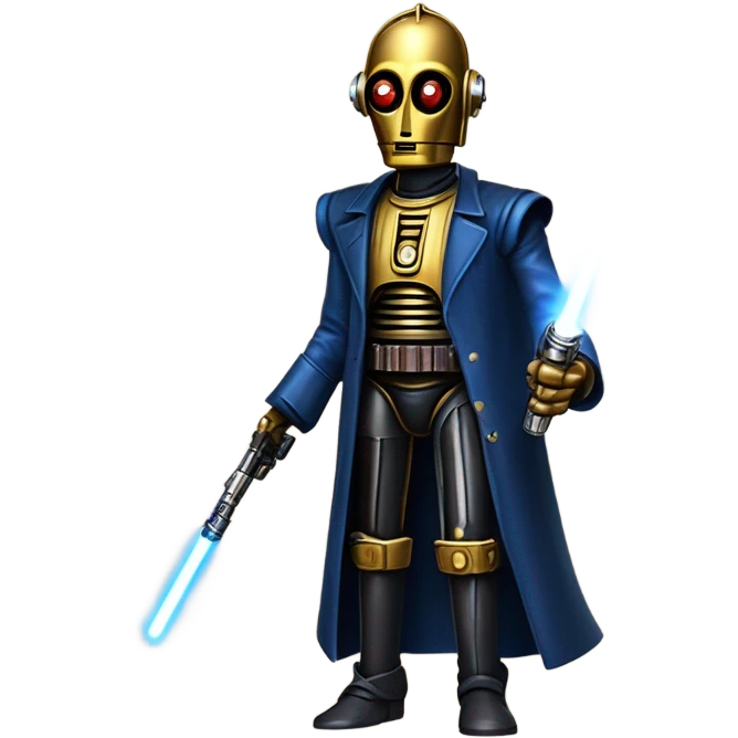 human-sized darkblue-pearl friendly bounty hunter c3po droid wearing a leather wild west duster holding light saber ready to fight but relaxed. antique emoji