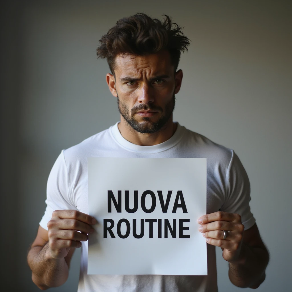 hyperrealistic 4K image of a sporty man with a sad expression holding a sheet with the text 'NUOVA ROUTINE', no background, variation 17 emoji