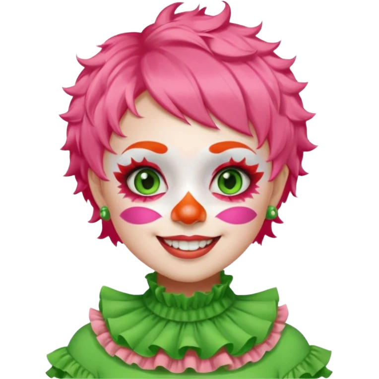 Bright green short hair.

White face paint with green eye makeup and a red nose.

Big wide smile.

Wearing a pink ruffled collar with an orange outfit. emoji