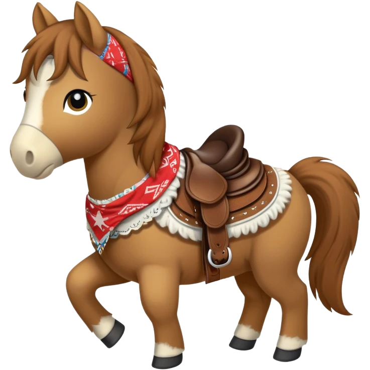 A brown plush pony with a western saddle and bandana emoji