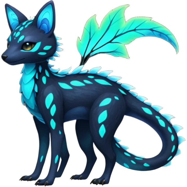 Rare realistic dark-neon glowing bioluminescent edgy badass epic pretty beautiful handsome gorgeous aesthetic colorful vibrant Vernid-Trico-species-Fakemon-creature by LiLaiRa, 4 legs, 1 tail, random markings, (full body) emoji