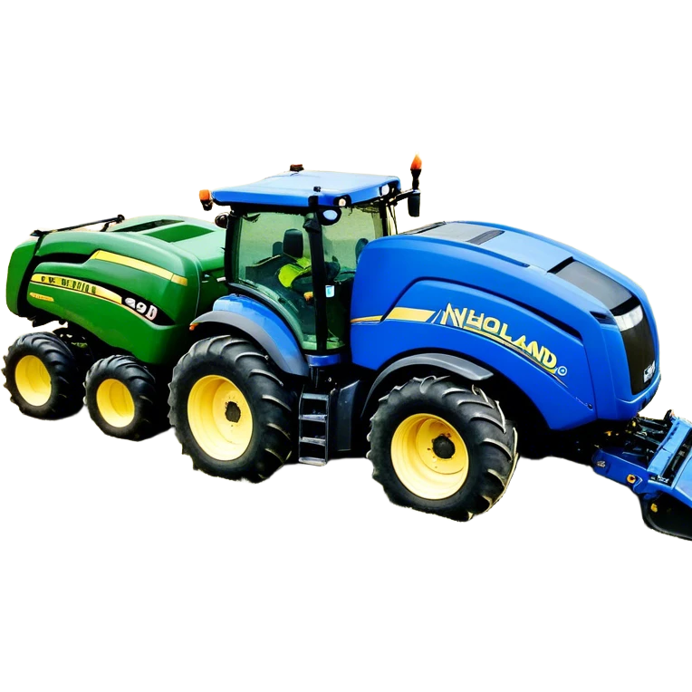 Baler – New Holland Roll-Belt 560 (2018) – Cinematic-realistic John Deere 6155M tractor towing a New Holland Roll-Belt 560 baler, its deep green body contrasting with the bright blue baler. The massive machine moves steadily through golden fields, compressing freshly cut hay into tight round bales, while dust swirls under the blazing afternoon sun. emoji