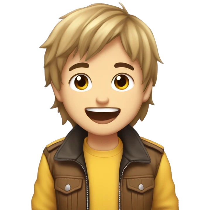 illustrated twitch logo for boy, head and shoulders only, anime chibi style, semi-long brown hair with bangs, brown eyes, yellow biker jacket, laughing out loud with tears in his eyes emoji