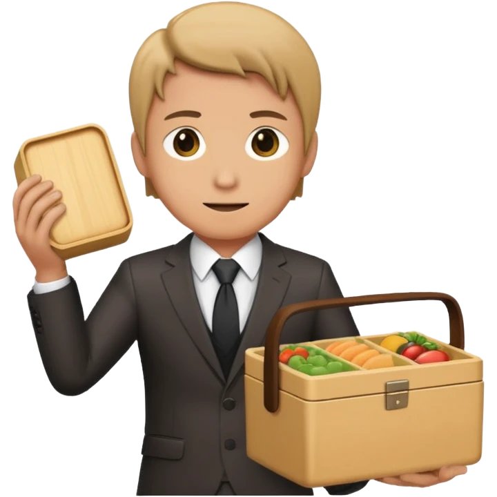 man with suit holding bento box emoji