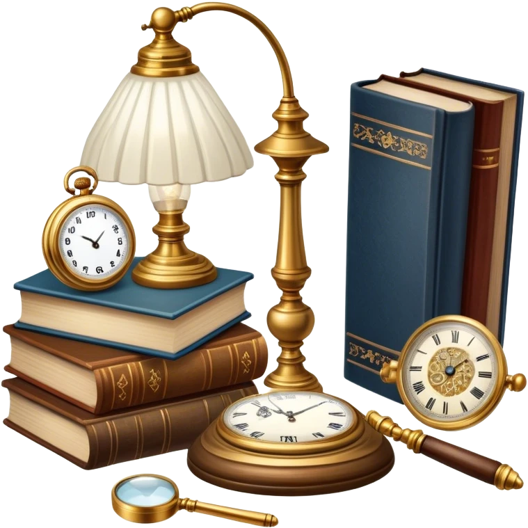 Icon for Antiques Collecting: a vintage pocket watch, an old ornate lamp, and a porcelain figurine, all placed on a wooden table surrounded by aged books and a magnifying glass. The icon should evoke the elegance and history of antique collecting. Transparent background. emoji