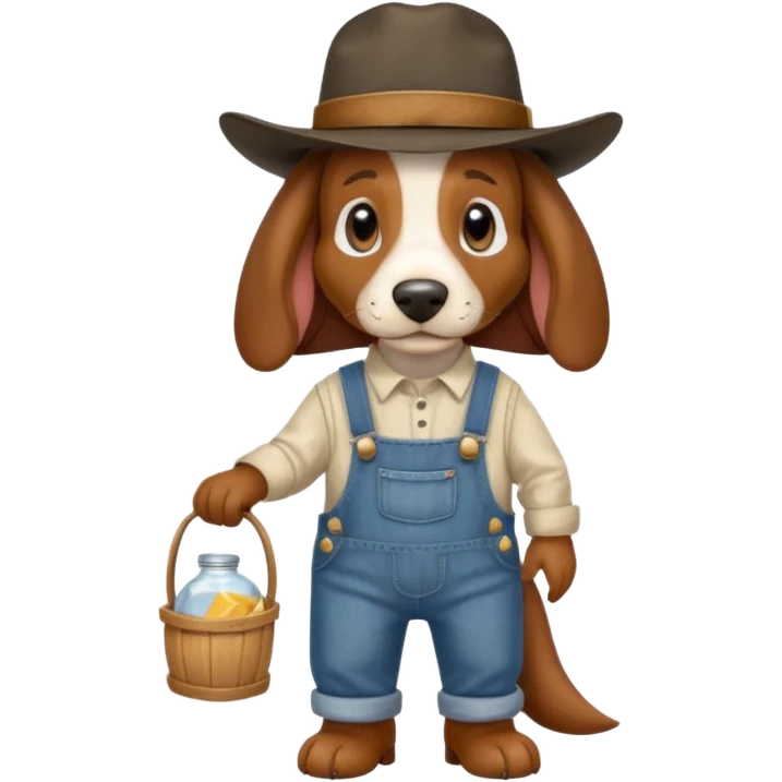 toothless hillbilly basset hound wearing a stetson and dungarees carrying moonshione emoji