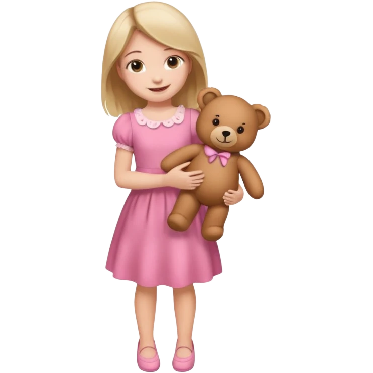 kid Girl in pink dress holding teddy bear, full body emoji