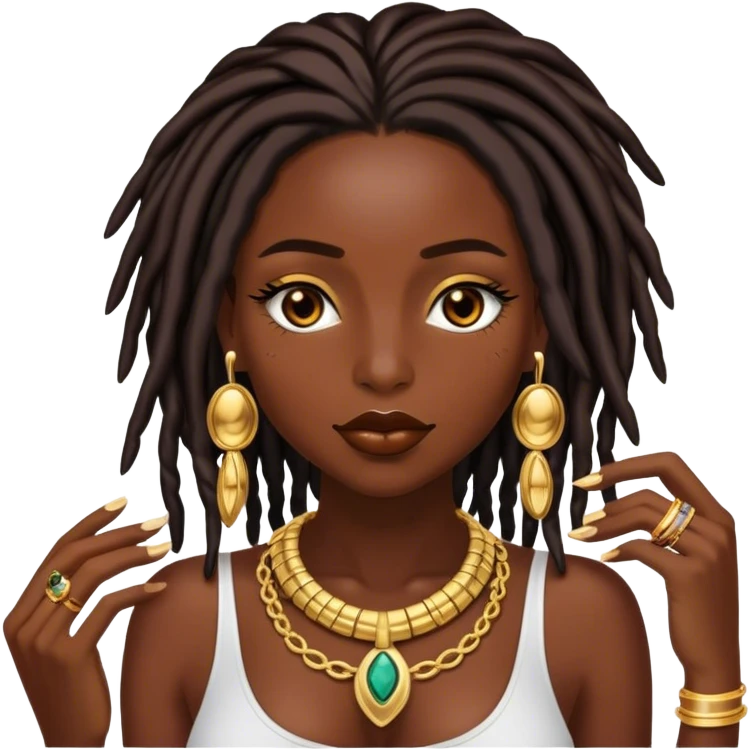 Chocolate skin women with black shoulder length locs, eyelashes and a lot of gold jewellery  emoji