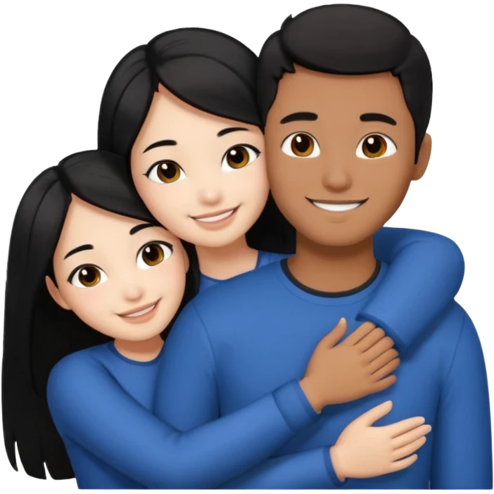 Asian guy with brown skin, short black hair, and a Asian girl with white skin and long black hair hugging  emoji