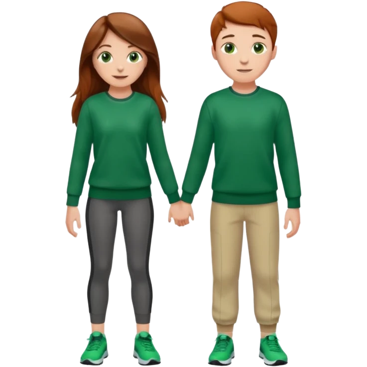 full-length happy couple, girl with long brown hair and hazel eyes in green sweater, boy with auburn hair in sportswear emoji