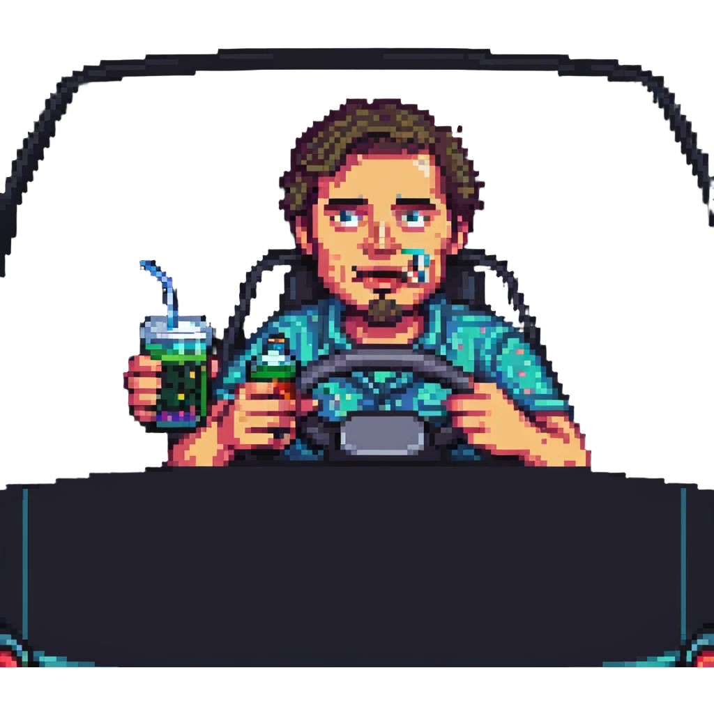 man drinking and driving with exaggerated features, cartoonish, pixel art style emoji