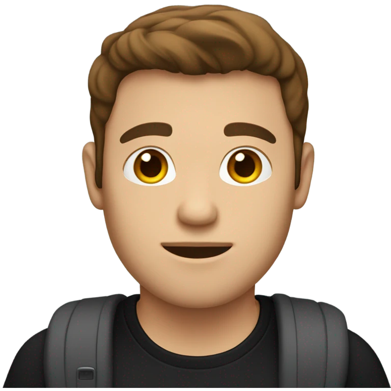 The guy with the MacBook: brown hair, brown eyes, black T-shirt, hair on end emoji