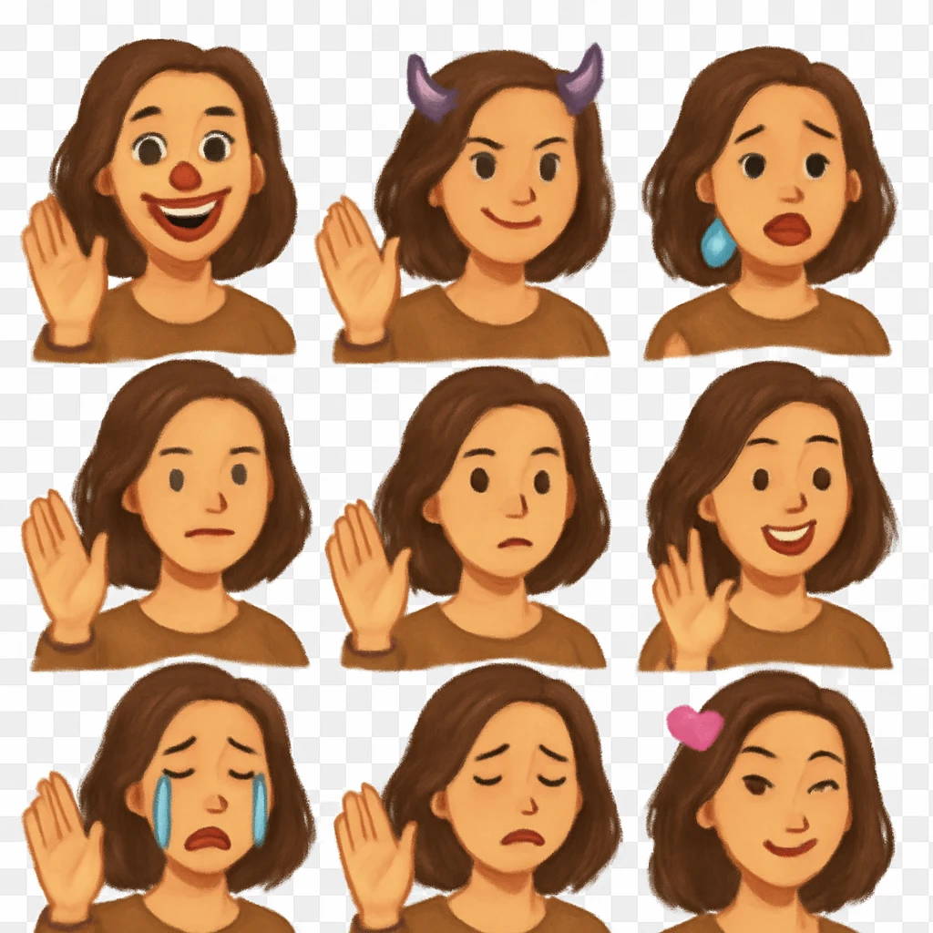 Women saying hello with brown hair emoji