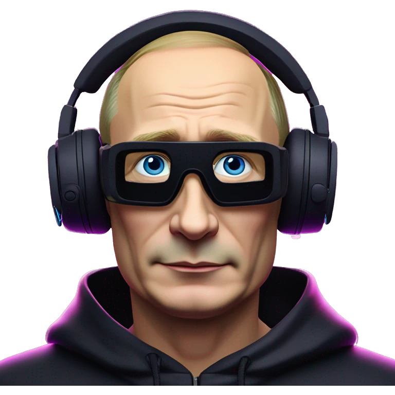 Vladimir Putin wearing a black hoodie with "OMG" letters on it and VR headset oculus quest 2 in a cyberpunk VR environment with violet neon lighting. emoji