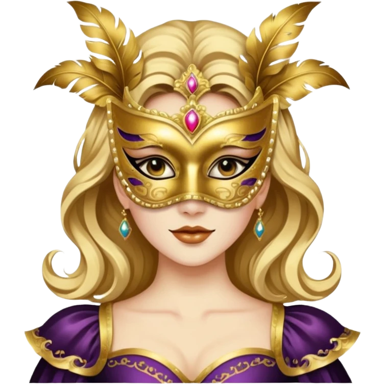 A woman in an ornate gold masquerade mask and elegant outfit, holding the mask delicately. emoji