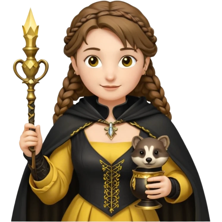 Helga Hufflepuff,the Hogwarts founder of Hufflepuff,brown-haired,2braids,yellow-black medieval dress with black cloak decorated with gold braiding,flickering magic wand and tiny two-handled shiny gold cup engraved with the badger silhouette,very kind smile,curvy busty sweet emoji