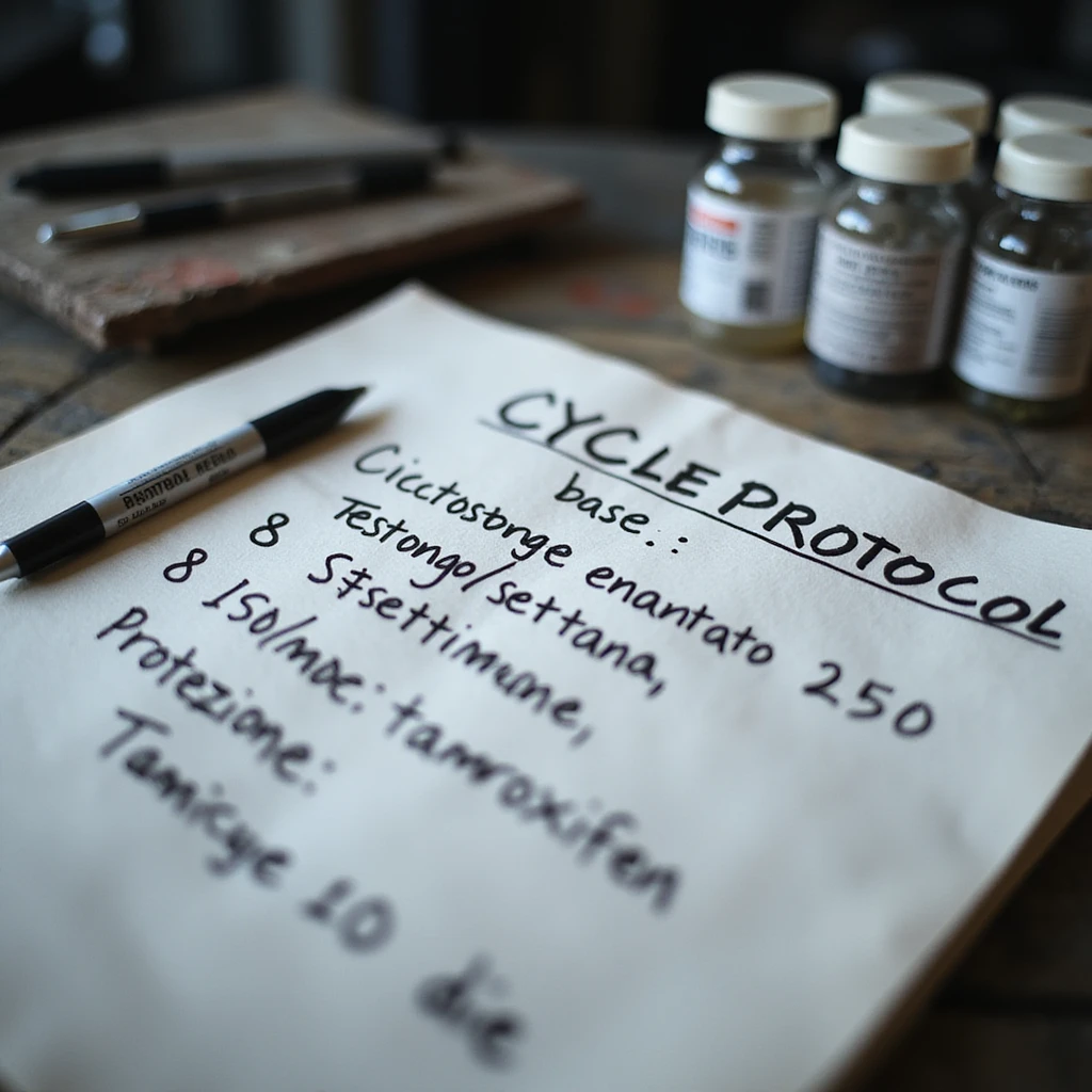 Close-up of a handwritten sheet with a bodybuilding cycle start protocol: 'Ciclo base: testosterone enantato 250 mg/settimana, 8 settimane, protezione: tamoxifene 10 mg/die'. Hyperrealistic style, 4K, gym desk, professional atmosphere. emoji