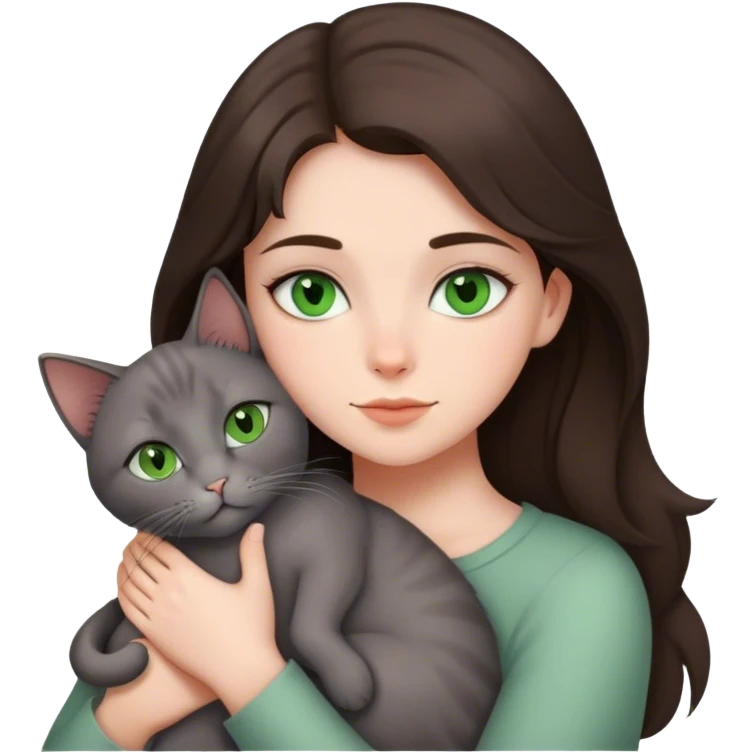 Brunette girl with green eyes cuddling grey cat emoji
