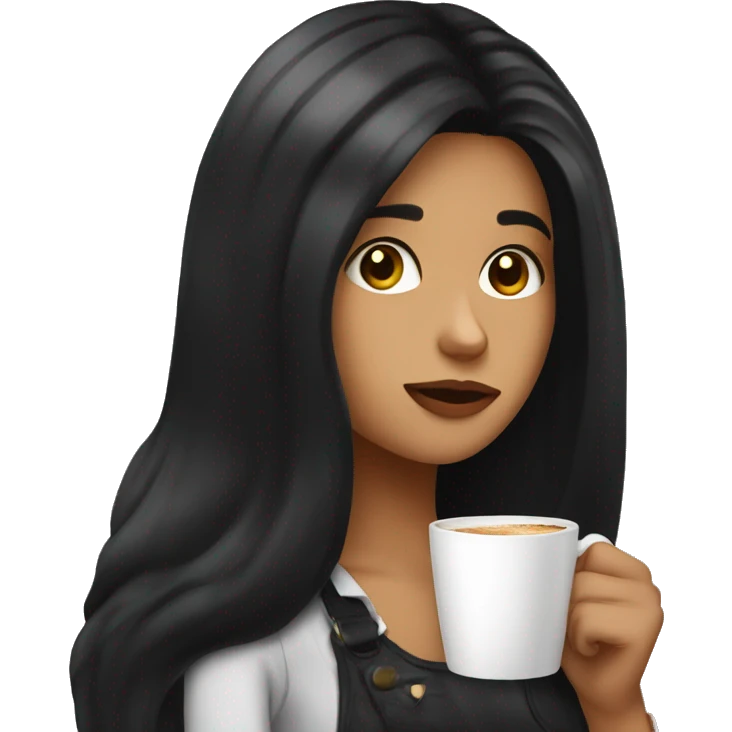 a girl with long black hair drinks coffee and eating a croissant emoji