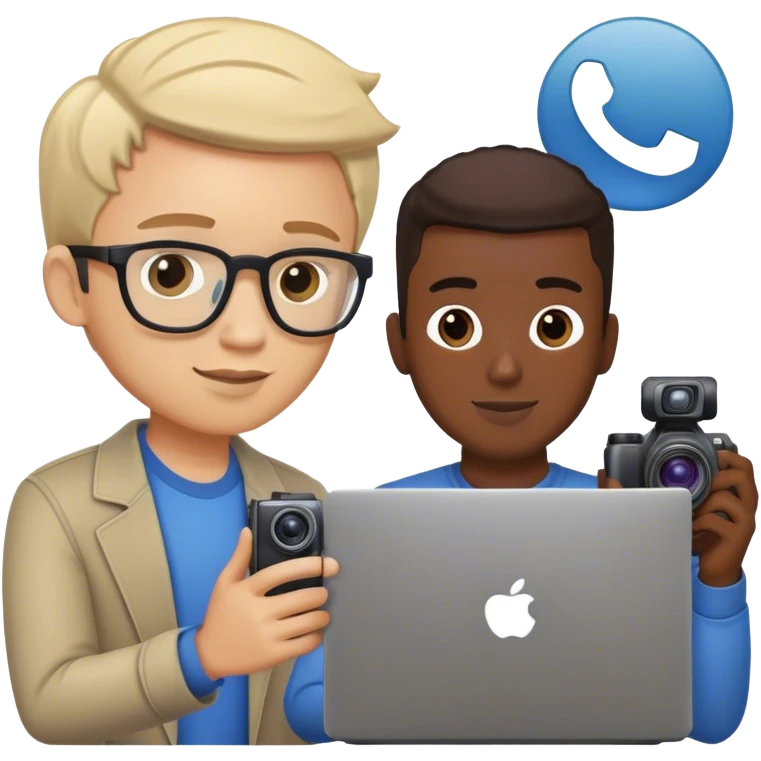 two guy, one is  who working in a social media management company, taking photos or videos with a cam, the other one is having a laptop in his hands emoji
