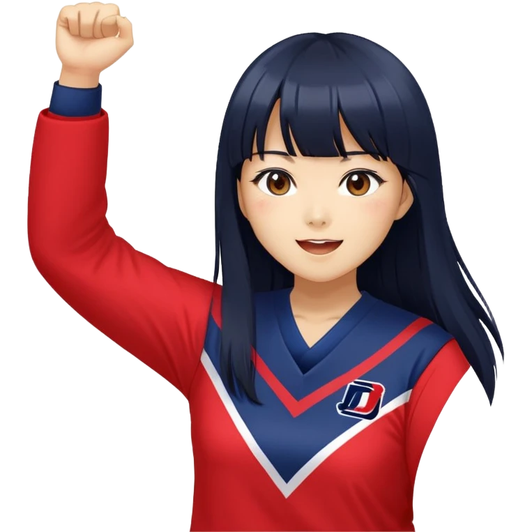 East Asian woman with long black straight hair and bangs wearing Doosan Bears team colors navy blue and red, cheering emoji