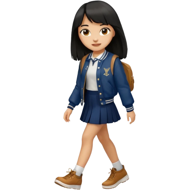 black color long hair with fringe, light skin long hair girl with brown varsity jacket,  navy long skirt walking

 emoji
