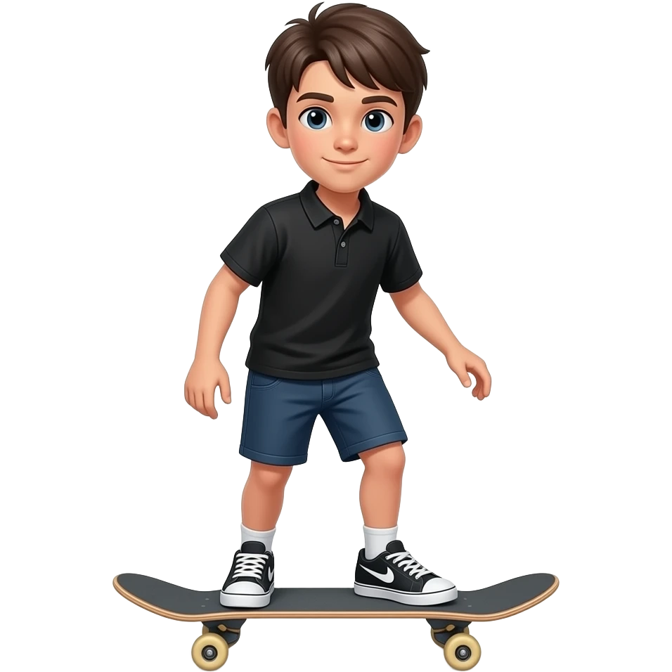 a young boy wearing a black polo, and wearing a jorts, and a nike shoe, riding a skate bord emoji