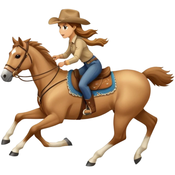 palomino horse running with a woman rider with brown hair and a cowboy hat emoji