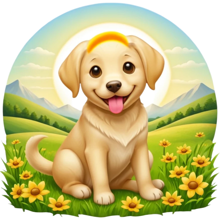 A yellow Labrador Retriever sitting on a grassy field, smiling with its tongue out under bright sunlight. Realistic lighting, outdoor park setting, friendly expression, high detail. emoji