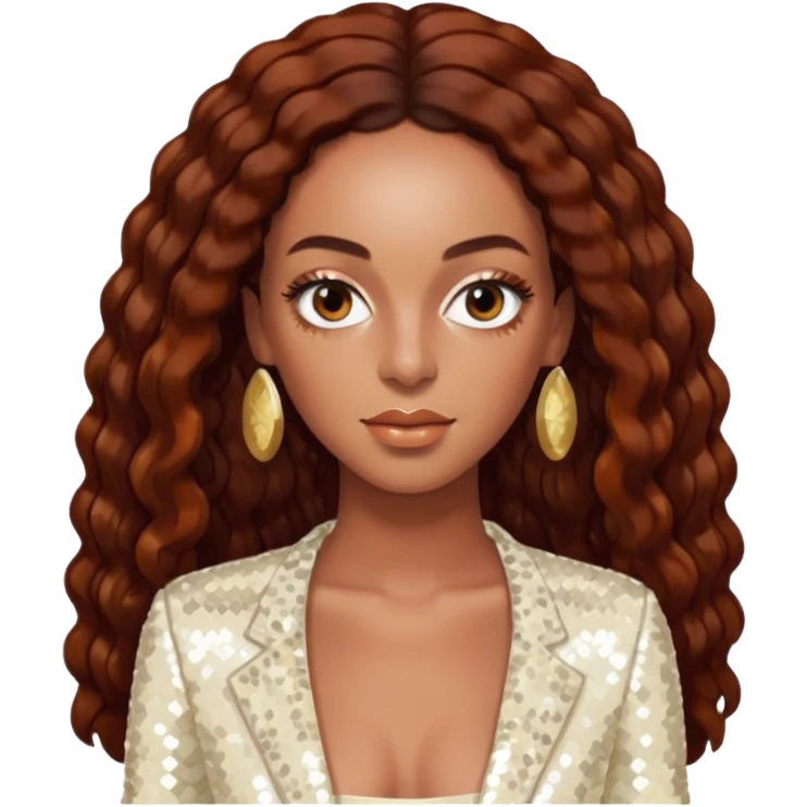 Solange with long dark auburn hair, ivory sequin outfit  emoji