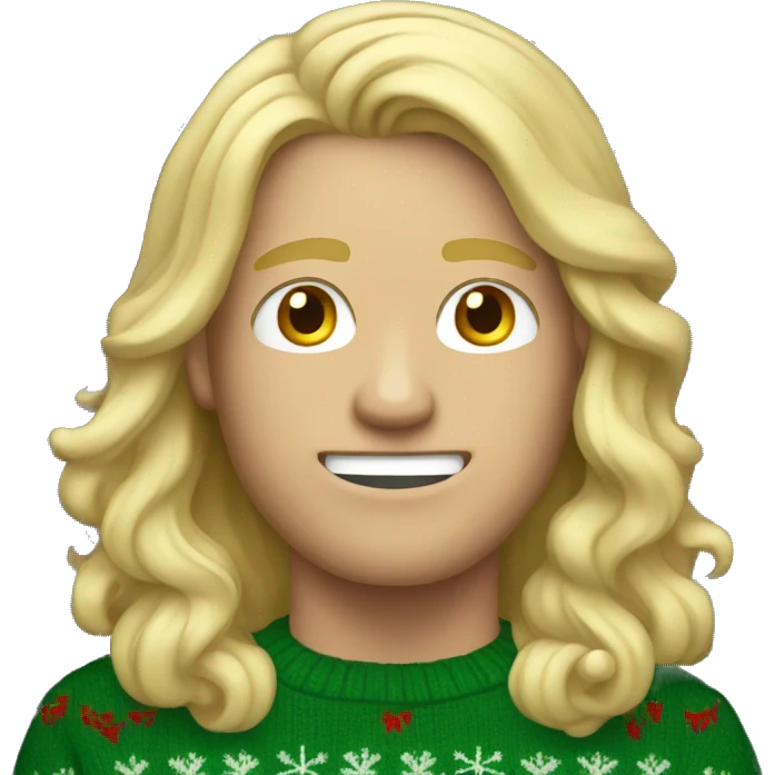 Long hair blonde guy with Christmas sweater emoji