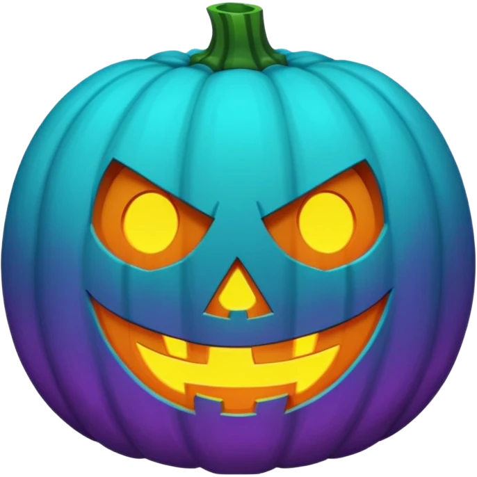 A futuristic glowing jack-o'-lantern face emoji, purple and cyan colors only, dark background emoji