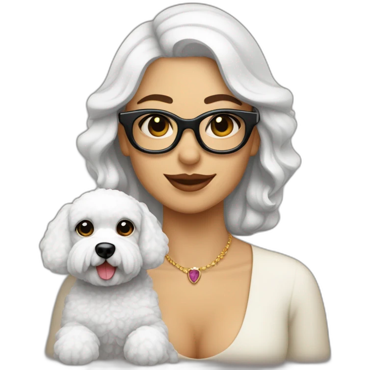 mujer gitana con gafas y perro bichon blanco emoji
