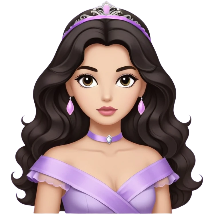A woman with almond-toned skin, dark voluminous hair in waves, expressive eyes with soft lashes and shimmer, full lips with a glossy nude-pink color, wearing a lavender top and a white sash with “Miss San Juan” in black letters, exuding elegance and confidence emoji
