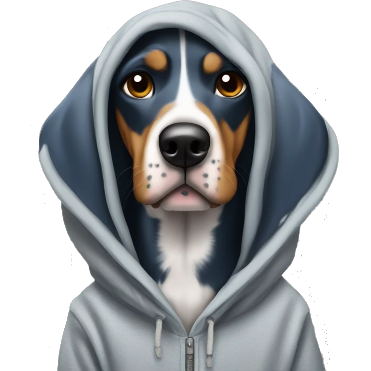 Small bluetick hound wearing a hoodie emoji