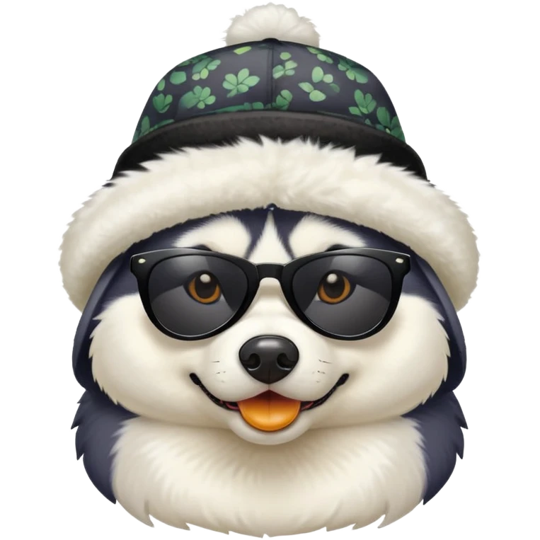 Husky dog wearing black sunglasses and a hat with duck pattern emoji