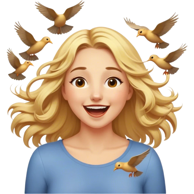 Cinematic Adorable Aurora Portrait Emoji, Giggling in surprise as birds land on her shoulders, cheeks flushed, golden locks bouncing, an irresistible mix of playfulness and beauty! emoji